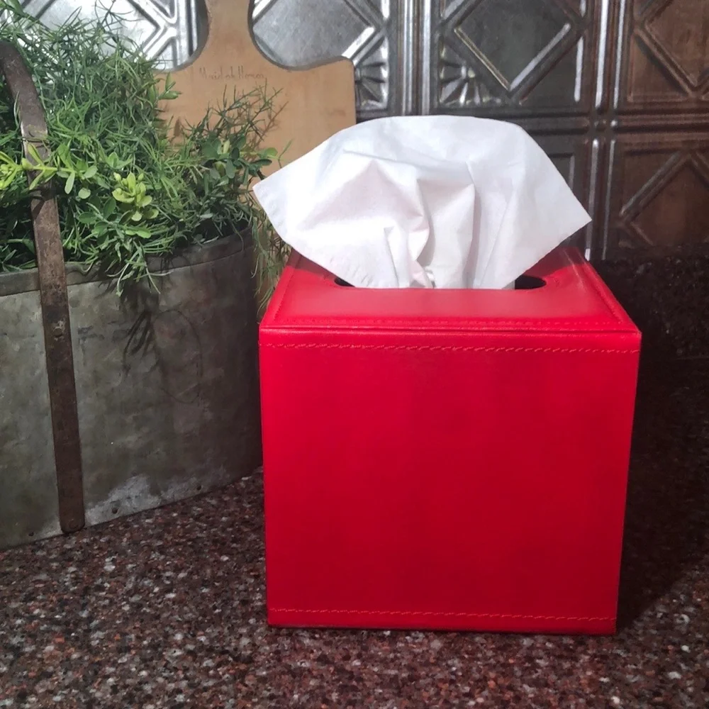 🆕Red Tissue Box Storage Faux Leather Lined Multi-Use  Kleenex Box NWT